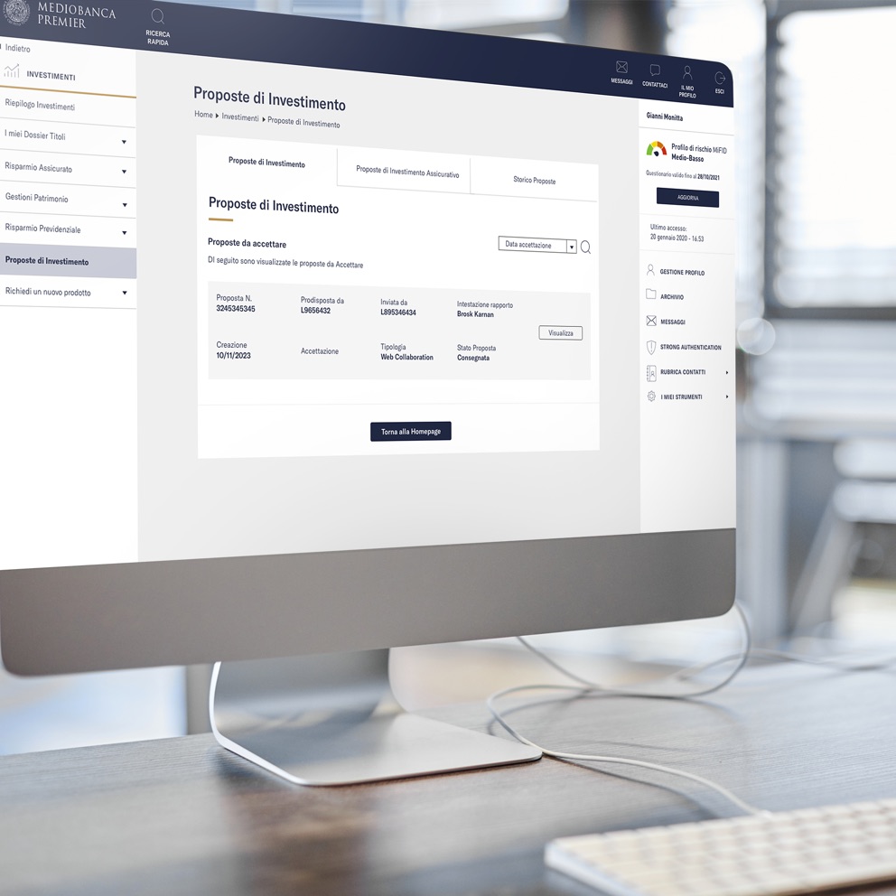 Computer con schermata dell'Area Clienti Mediobanca Premier che mostra il servizio Web Collaboration 