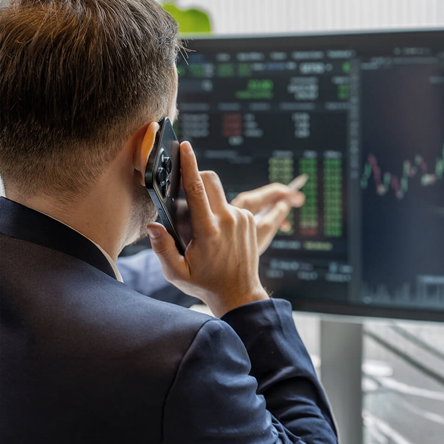 Persona che analizza dati finanziari al telefono con il proprio Advisor. 